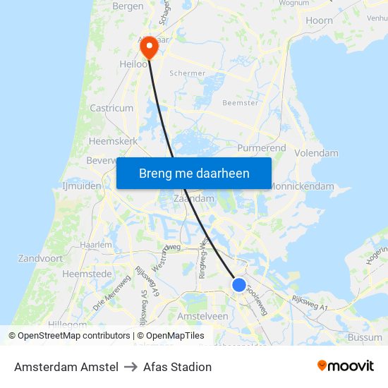 Amsterdam Amstel to Afas Stadion map