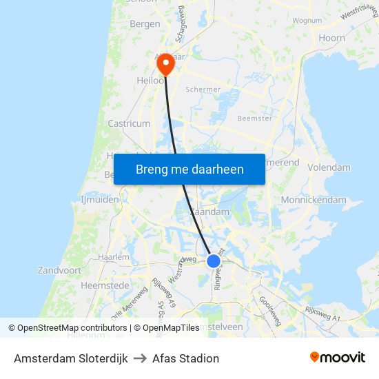 Amsterdam Sloterdijk to Afas Stadion map