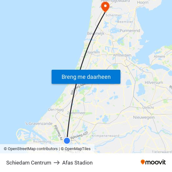 Schiedam Centrum to Afas Stadion map
