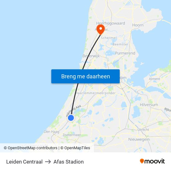 Leiden Centraal to Afas Stadion map