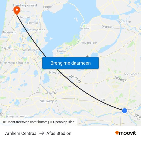 Arnhem Centraal to Afas Stadion map
