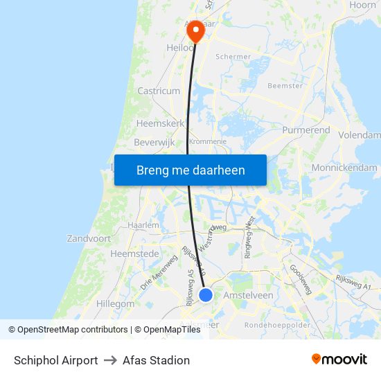 Schiphol Airport to Afas Stadion map