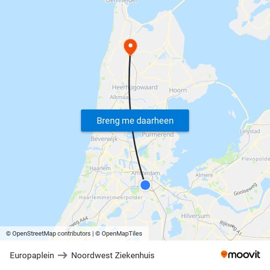 Europaplein to Noordwest Ziekenhuis map