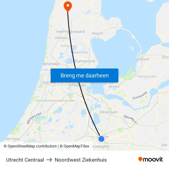 Utrecht Centraal to Noordwest Ziekenhuis map