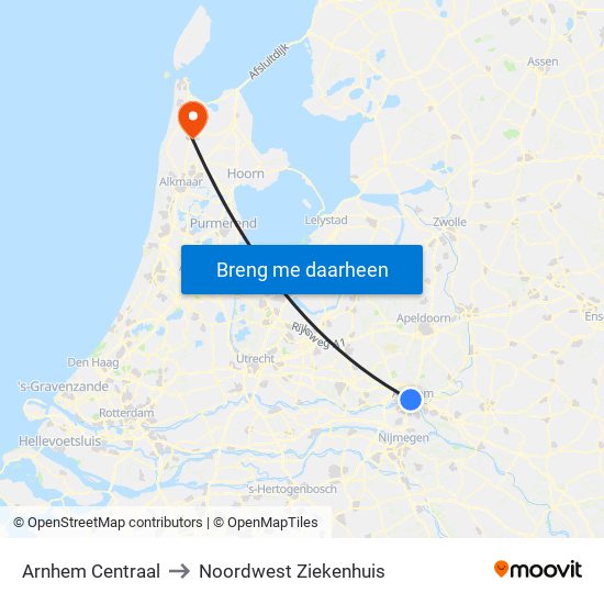 Arnhem Centraal to Noordwest Ziekenhuis map