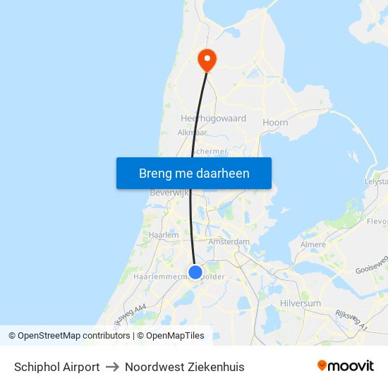 Schiphol Airport to Noordwest Ziekenhuis map
