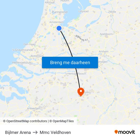 Bijlmer Arena to Mmc Veldhoven map