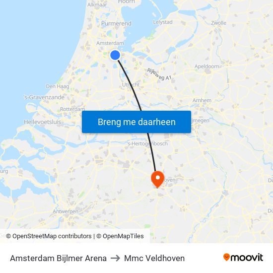 Amsterdam Bijlmer Arena to Mmc Veldhoven map