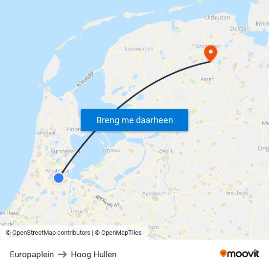 Europaplein to Hoog Hullen map