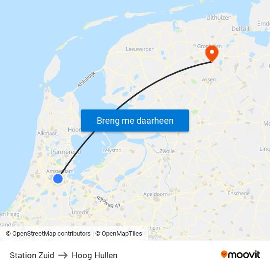 Station Zuid to Hoog Hullen map