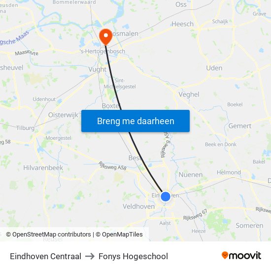 Eindhoven Centraal to Fonys Hogeschool map