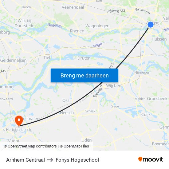 Arnhem Centraal to Fonys Hogeschool map
