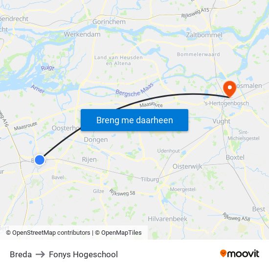 Breda to Fonys Hogeschool map