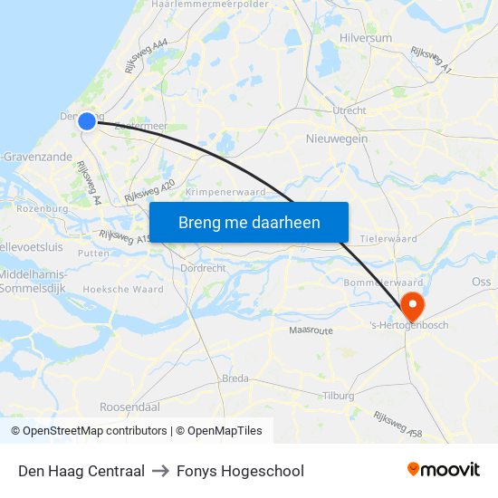 Den Haag Centraal to Fonys Hogeschool map