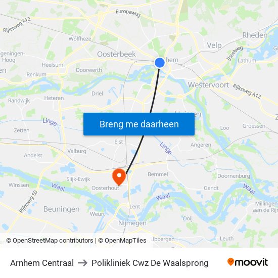 Arnhem Centraal to Polikliniek Cwz De Waalsprong map