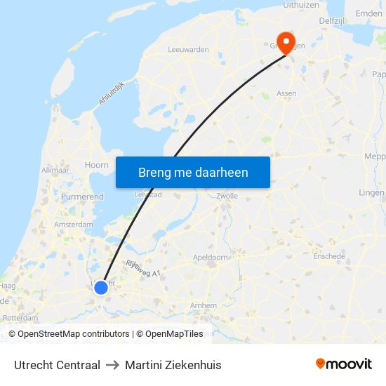 Utrecht Centraal to Martini Ziekenhuis map