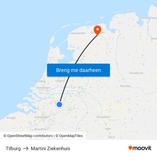 Tilburg to Martini Ziekenhuis map