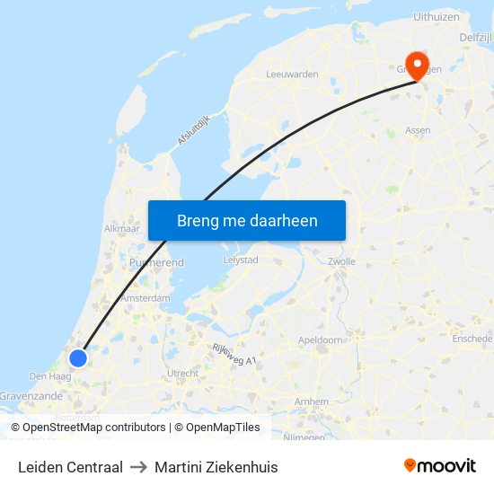 Leiden Centraal to Martini Ziekenhuis map