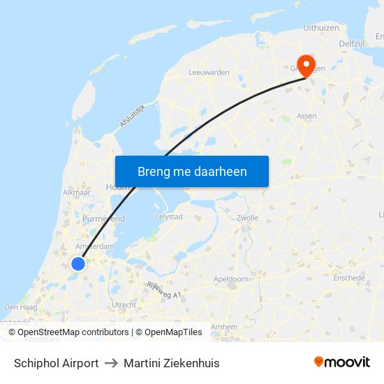 Schiphol Airport to Martini Ziekenhuis map