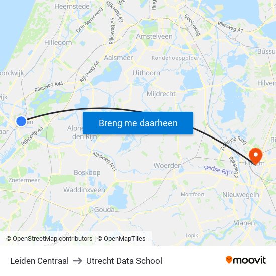Leiden Centraal to Utrecht Data School map