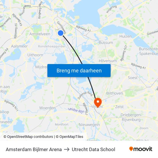 Amsterdam Bijlmer Arena to Utrecht Data School map