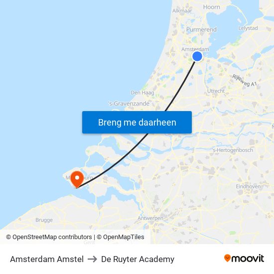 Amsterdam Amstel to De Ruyter Academy map