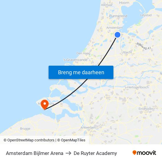 Amsterdam Bijlmer Arena to De Ruyter Academy map
