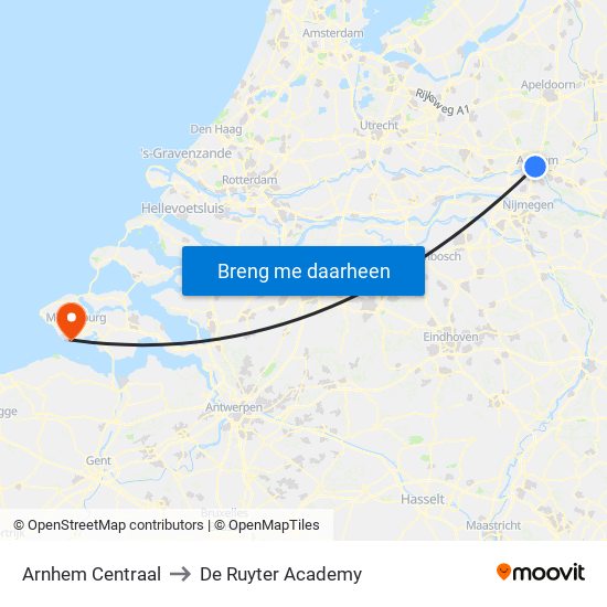 Arnhem Centraal to De Ruyter Academy map