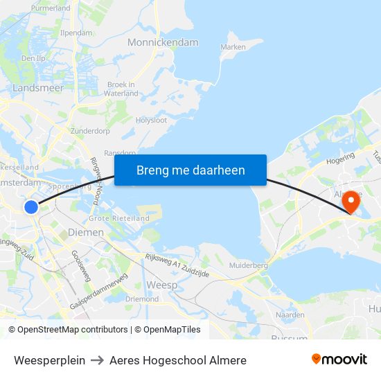 Weesperplein to Aeres Hogeschool Almere map