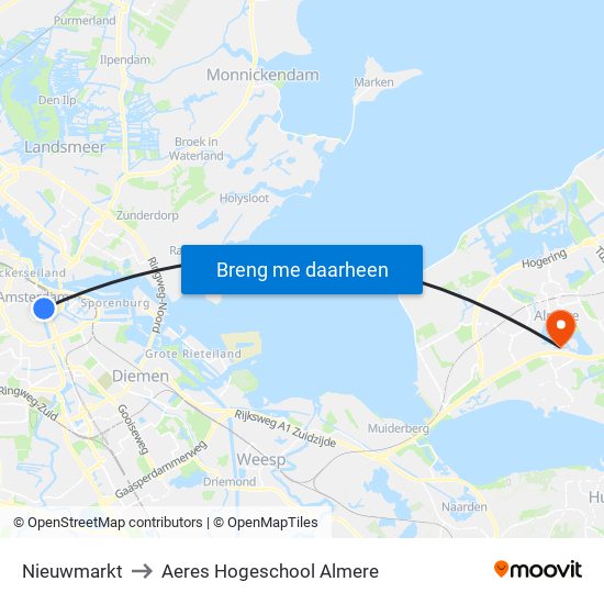Nieuwmarkt to Aeres Hogeschool Almere map