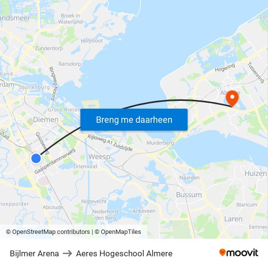 Bijlmer Arena to Aeres Hogeschool Almere map