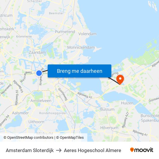Amsterdam Sloterdijk to Aeres Hogeschool Almere map