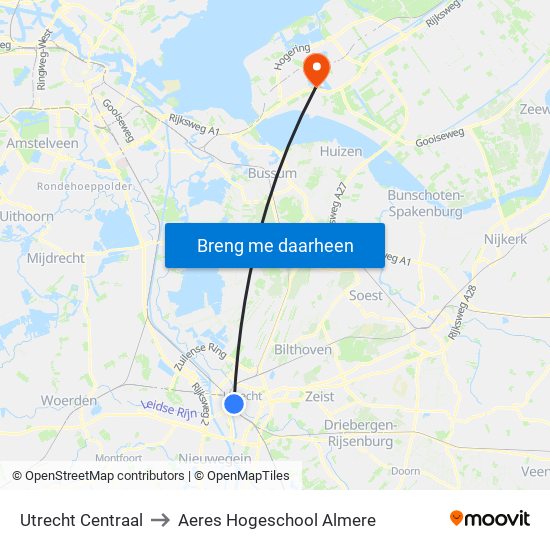 Utrecht Centraal to Aeres Hogeschool Almere map