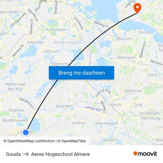 Gouda to Aeres Hogeschool Almere map