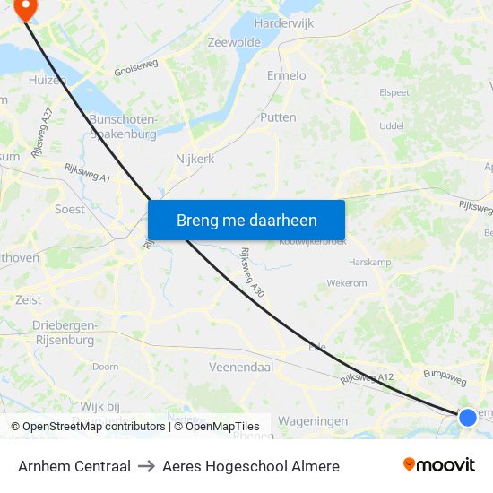 Arnhem Centraal to Aeres Hogeschool Almere map