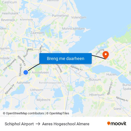 Schiphol Airport to Aeres Hogeschool Almere map