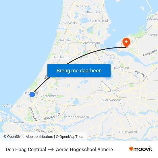 Den Haag Centraal to Aeres Hogeschool Almere map