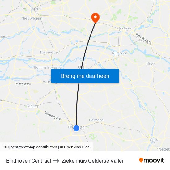 Eindhoven Centraal to Ziekenhuis Gelderse Vallei map