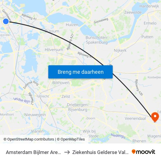 Amsterdam Bijlmer Arena to Ziekenhuis Gelderse Vallei map
