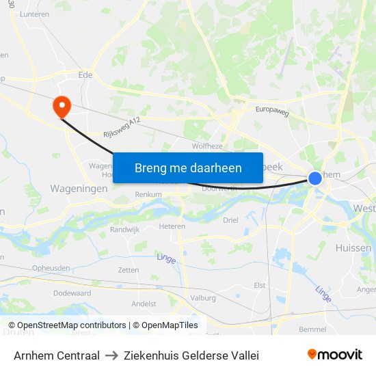 Arnhem Centraal to Ziekenhuis Gelderse Vallei map