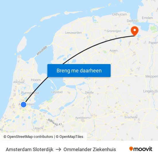 Amsterdam Sloterdijk to Ommelander Ziekenhuis map