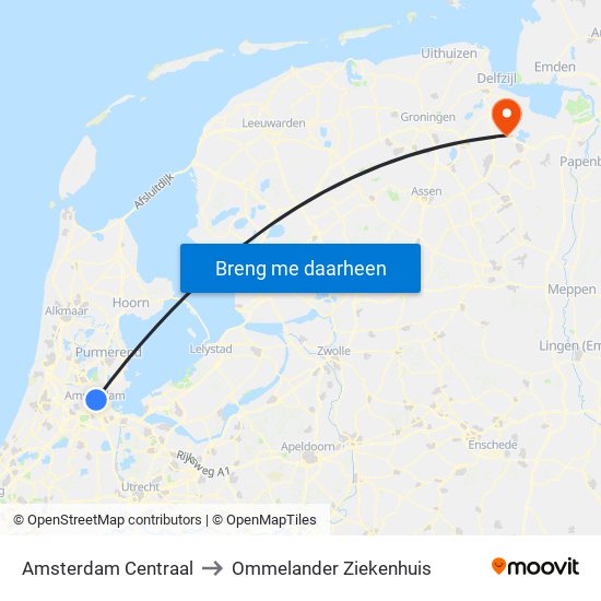 Amsterdam Centraal to Ommelander Ziekenhuis map