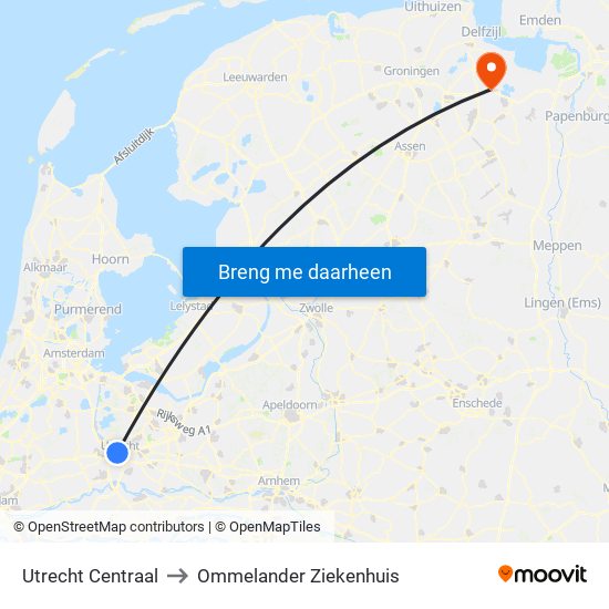 Utrecht Centraal to Ommelander Ziekenhuis map