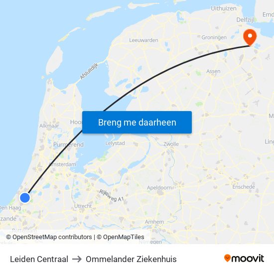 Leiden Centraal to Ommelander Ziekenhuis map