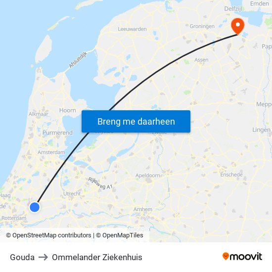 Gouda to Ommelander Ziekenhuis map