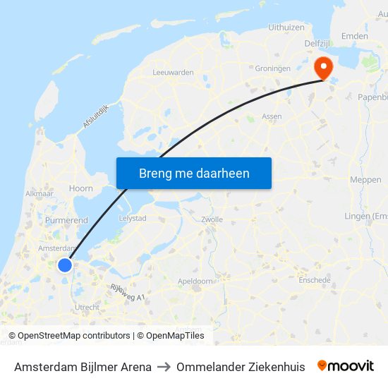 Amsterdam Bijlmer Arena to Ommelander Ziekenhuis map