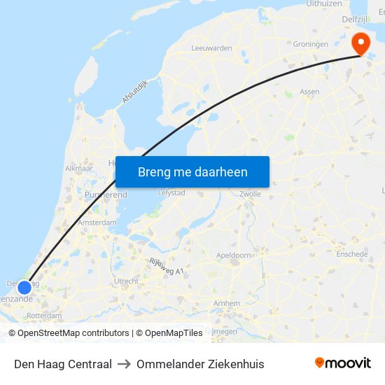 Den Haag Centraal to Ommelander Ziekenhuis map