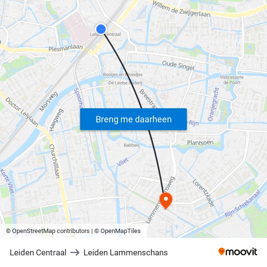 Leiden Centraal to Leiden Lammenschans map