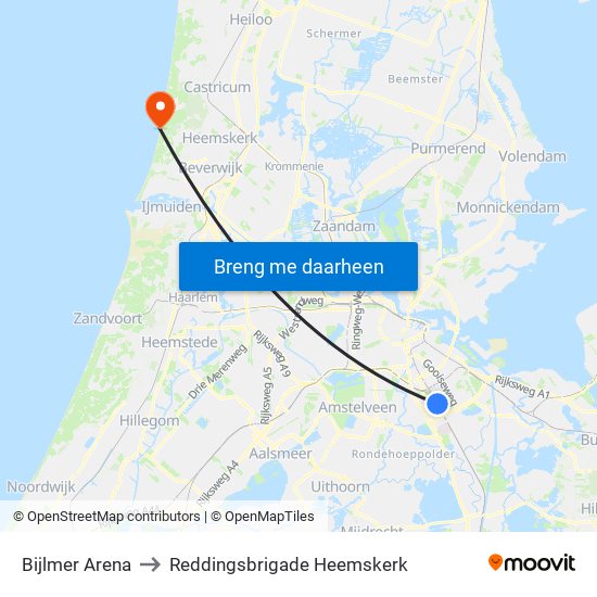 Bijlmer Arena to Reddingsbrigade Heemskerk map