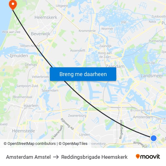 Amsterdam Amstel to Reddingsbrigade Heemskerk map